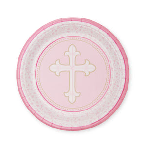 Royal Magnolia Pink Baptism Party Supplies -Service for 24- Religious Paper Plates (7 and 9 Inch), Napkins and Cups- Disposable Party Supplies for Baptism, Christening, First Communion, Confirmation