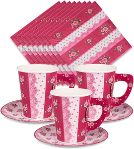 Tea Party Decorations - 24 Paper Tea Cups, Tea Party Plates, Tea Party Napkins - Disposable Paper Teacups and Saucer Sets for Birthday, Baby Shower, Wedding, Fancy Princess Theme Little Girls Parties